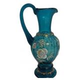 Victorian Teal Glass Ewer Hand-Painted