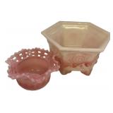Pink Slag Glass Planter & Basket Set