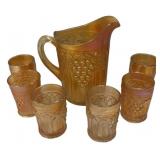 Carnival Glass Grape Pitcher & 6 Cups