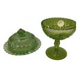 Green Glass Butter Dish & Compote Set