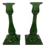 Pair Green Opaque Glass Candlesticks