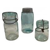 Antique Blue Glass Canning Jars Lot of 3