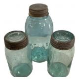 Antique Blue Glass Mason Jars Set of 3