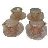 Pink Depression Glass Cups & Saucers x4
