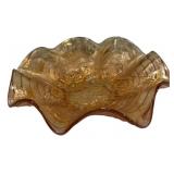 Amber Carnival Glass Ruffled Bowl