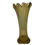 Olive Green Ribbed Glass Flared Vase