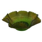 Green Satin Glass Ruffled Edge Bowl