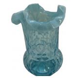 Blue Opalescent Glass Ruffled Vase