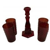 Ruby Red Glass Candlestick & Tumblers