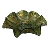 Green Carnival Glass Ruffled Bowl