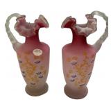 Pair Victorian Satin Glass Ewers