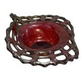 Cranberry Glass Bowl w/ Metal Frame