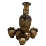 Vintage Bohemian smoked amber glass decanter set.