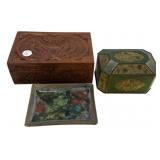 Pottery Dish, Tin, and Carved Trinket Box