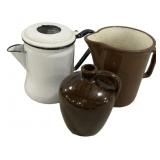Enamel Pitcher, Stoneware Pitcher and Jug