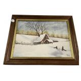 Signed Helms Folk Art Snowy Painting 15"h., 20"w