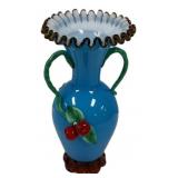 Blue Cased Art Glass Vase w/ Cherries