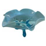 Blue Opalescent Glass Ruffled Compote
