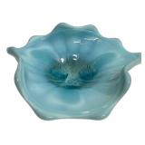 Blue Opalescent Art Glass Ruffled Bowl