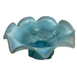 Blue Opalescent Glass Ruffled Bowl