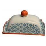 Ceramic Covered Butter Dish Blue Orange