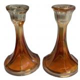 Marigold Carnival Glass Candlesticks Pair