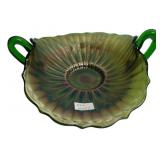 Green Carnival Glass Two-Handled Bowl
