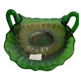 Green Carnival Glass Two-Handle Bowl