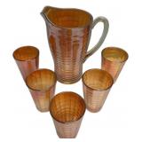 Marigold Carnival Glass Pitcher & 5 Cups