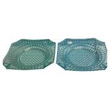 Pair Blue Hobnail Glass Square Bowls