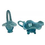 Blue Opalescent Glass Basket & Bowl