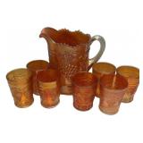 Carnival Glass Grape Pitcher & 6 Cups