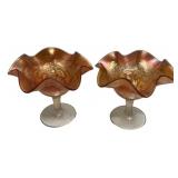 Pair Carnival Glass Ruffled Compotes