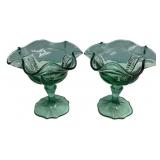 Pair Green Glass Ruffled Compotes
