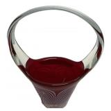 Red Art Glass Basket with Feather Design