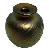 Iridescent Art Glass Vase Feather Motif