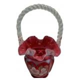 Fenton Cranberry Glass Basket Hand-Painted
