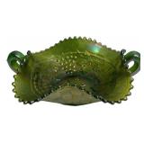 Green Carnival Glass Handled Bowl