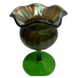 Green Iridescent Art Glass Compote