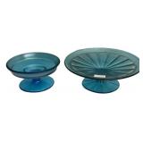 Blue Iridescent Glass Compotes Pair