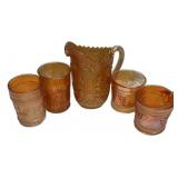 Marigold Carnival Glass Pitcher & Cups