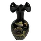 Fenton Black Glass Hand-Painted Vase
