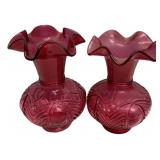 Pair Cranberry Glass Ruffled Vases