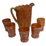 Carnival Glass Pitcher & 5 Tumblers Set