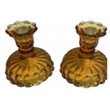 Amber Glass Candlestick Holders Pair