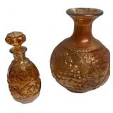 Marigold Carnival Glass Vase & Decanter