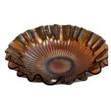 Amber Carnival Glass Ruffled Bowl