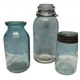Antique Blue Glass Canning Jars Lot of 3
