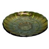Green Carnival Glass Scalloped Bowl