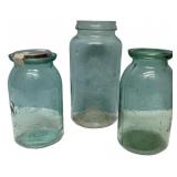 Antique Aqua Glass Canning Jars Lot of 3